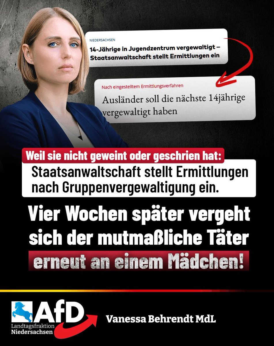 MdlBehrendt's tweet photo. JUSTIZ-SKANDAL IN NIEDERSACHSEN: Freifahrtschein für Vergewaltiger?
​Weil ein 14-jähriges Mädchen bei einer Gruppenvergewaltigung starr vor Angst war und nicht schrie, verweigerte die Staatsanwaltschaft Stade die Anklage gegen drei Migranten.
​Die Konsequenz folgte prompt: Nur vier Wochen später vergreift sich der 17-jährige Haupttäter an der nächsten 14-Jährigen!
​Unfassbare Begründung: Kein Weinen = kein bewiesener Widerwille. Schockstarre? Ignoriert!
​Verhöhnung des Opfers: Die Täter filmen die Tat und verbreiten das Video. Die Justiz lässt sie trotzdem laufen.
​Behördenversagen: Trotz verbarrikadierter Tür im Jugendzentrum sah die Staatsanwältin keine schutzlose Lage.
​Erst weggesehen, dann das nächste Opfer produziert: Wie ungestraft darf Justizversagen in Deutschland noch bleiben?