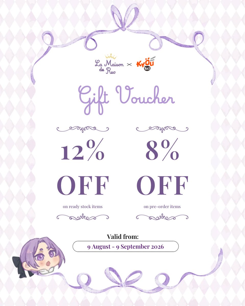 ReOnly_One's tweet photo. Shopping for your next favorite merch? Weโve got you covered!
Enjoy exclusive discount vouchers from @KyouHobbyShop โ available for everyone:
โฆ 12% OFF on ready stock items
โฆ 8% OFF on pre-order items
Valid from 9 Aug โ 9 Sept 2026
Happy shopping! ๐๐ #ChezReo https://t.co/zUjjutNLPV