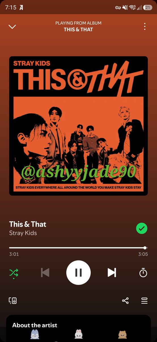ashyyjade90's tweet photo. Hour 6
Spotify ✨️✨️✨️
#StrayKids #스트레이키즈
#THIS_AND_THAT
#This_and_That_BurningTime https://t.co/wVjqeHcugo