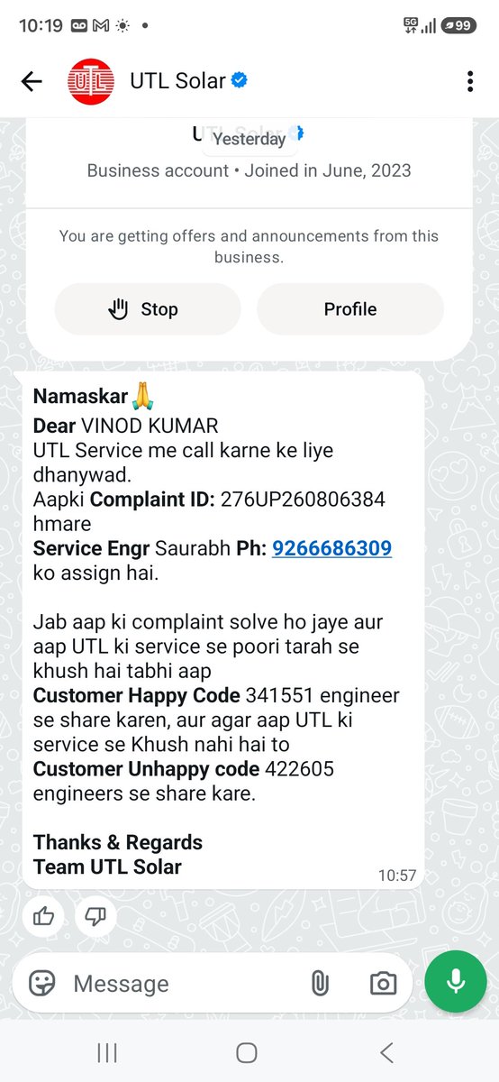 avnishkumar9037's tweet photo. @UTLsolar utl कम्पनी nahi de paa rahi sevis shikayat ke baad उपभोक्ता परेशान दिए गए इंजीनियर का नो बंद आखिर कैसे मिलेगी सुविधा https://t.co/sBTUbZAfec
