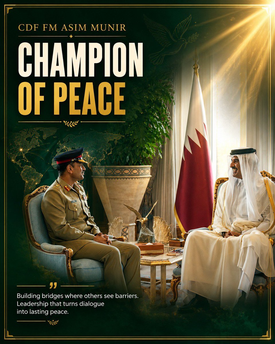 SCampar's tweet photo. By encouraging dialogue amid tensions, CDF Asim Munir has strengthened Pakistan’s image as a responsible global peacemaker.
#NationStandsWithCDF
#SymbolOfStrengthCDF
#ArchitectOfPeaceCDF
#ChampionOfPeaceCDF
#CDFPeacemaker https://t.co/taEMtXoXu8
