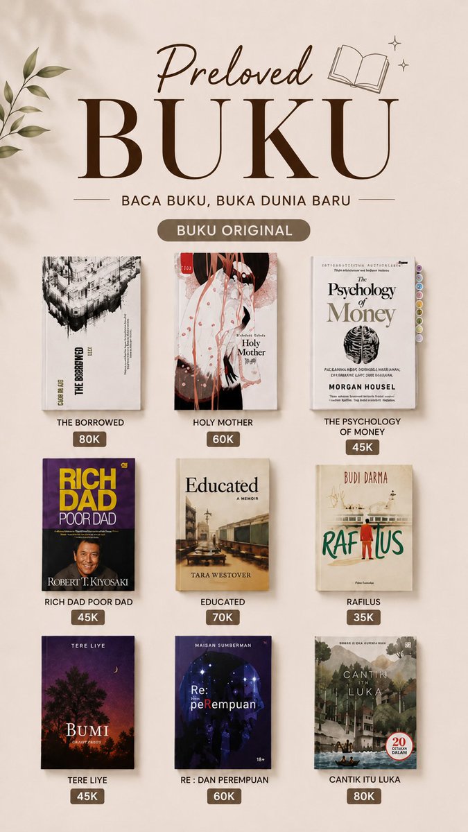 markleegurls's tweet photo. 📚 WTS PRELOVED BUKU NOVEL
📍 Bekasi, Cibitung
✨ Kondisi 80–99%, original
💰 Harga mulai dari Rp 35k
📦 Bisa COD area Cibitung / kirim via ekspedisi
💬 Minat? Langsung DM ya! https://t.co/e7EE5SeO62