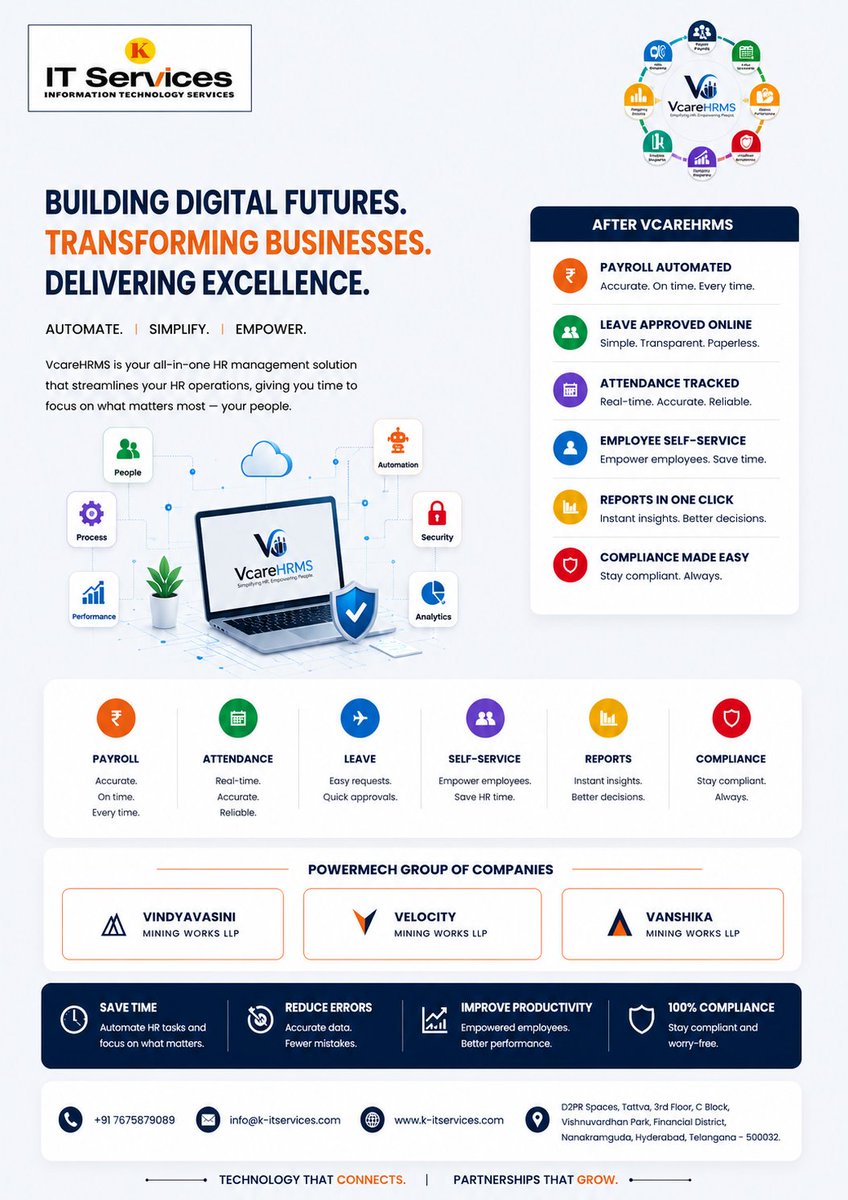 KITSERVICESS's tweet photo. With VcareHRMS by K-IT Services, automate payroll, attendance, leave management, compliance, and employee self-service—all from one powerful platform.
#VcareHRMS #HRMS #HRTech #DigitalTransformation #Payroll #Automation #KITServices https://t.co/alGHbBG6De