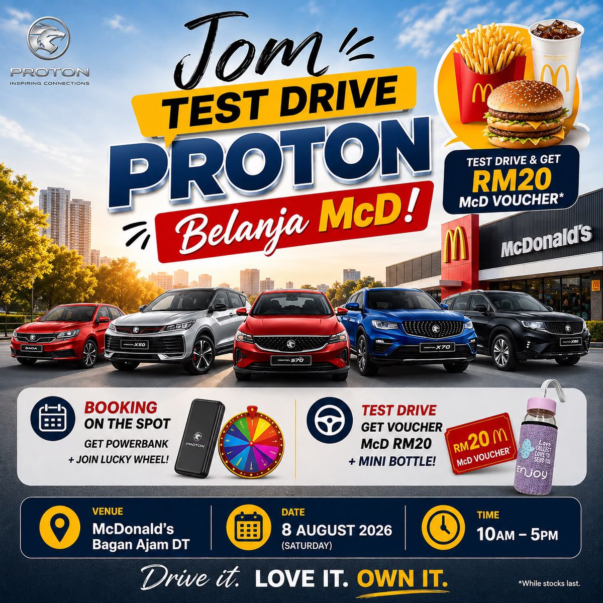 ProtonErakami's tweet photo. Jom test drive, PROTON belanja MCD! Jumpa kami di sana nanti 🤗 #Proton #Mekdi #BaganAjam https://t.co/BkywMJ6PJY