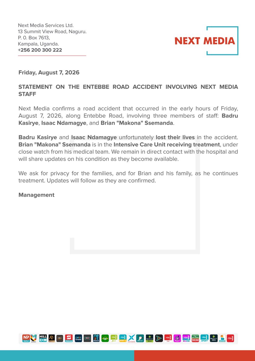 nextmediaug's tweet photo. We mourn the loss of Badru Kasirye and Isaac Ndamagye, and hold Brian "Makona" Ssemanda close as he receives treatment in the ICU.

Full statement below. https://t.co/qDSRWuFakV