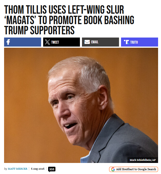 AwakenedOutlaw's tweet photo. How big of a piece of shit is the (thankfully) lame-duck Republican Senator Thom Tillis, you ask?

This big. 👇
_____
Thom Tillis Uses Left-Wing Slur ‘MAGATs’ to Promote Book Bashing Trump Supporters

North Carolina Republican Sen. Thom Tillis went on MS NOW Thursday to launch a book tour, calling Trump supporters “sycophants, spineless, and weirdos”

“Tillis takes us into a world of grifting sycophants and useful idiots in Trump 2.0, with the inner circle made up of ‘MAGATS’ (a term of his own devising),” the publisher adds.