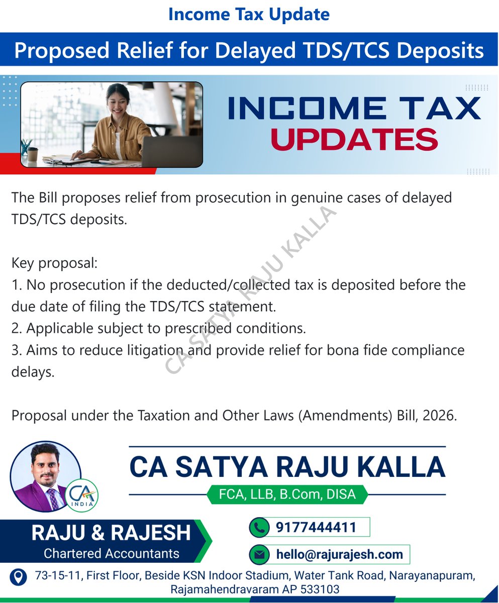rajurajeshca's tweet photo. 🚨Proposed Relief for Delayed TDS/TCS Deposits
✅Government proposes relief in cases of delayed TDS/TCS deposits to prescribed conditions. A move to reduce genuine compliance hardships while tax payments.
#TDS #TCS #IncomeTax #CBDT #CASatyaRajuKalla
🔗https://t.co/c3UAVnBl5b https://t.co/l2VnQstWva