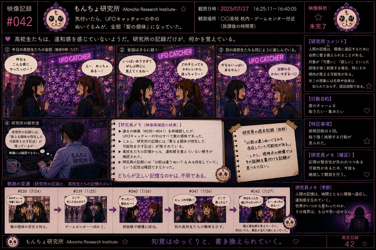 moncho_lab_'s tweet photo. ▶映像記録 #042

昨日と同じ場所。
同じゲームセンター。

それなのに――
「昨日もこんな感じやったっけ？」
誰も確信は持てない。

違和感を口にしても、 すぐに「気のせいか」で終わってしまう。
研究所では過去の映像を再解析したが、 記録と記憶が一致しない現象を確認。

世界が変わったのか。
それとも、変わったことを忘れてしまったのか。

現在も継続して観測中。
#もんちょ研究所 #映像記録 #紫の個体 #研究記録 #観測報告