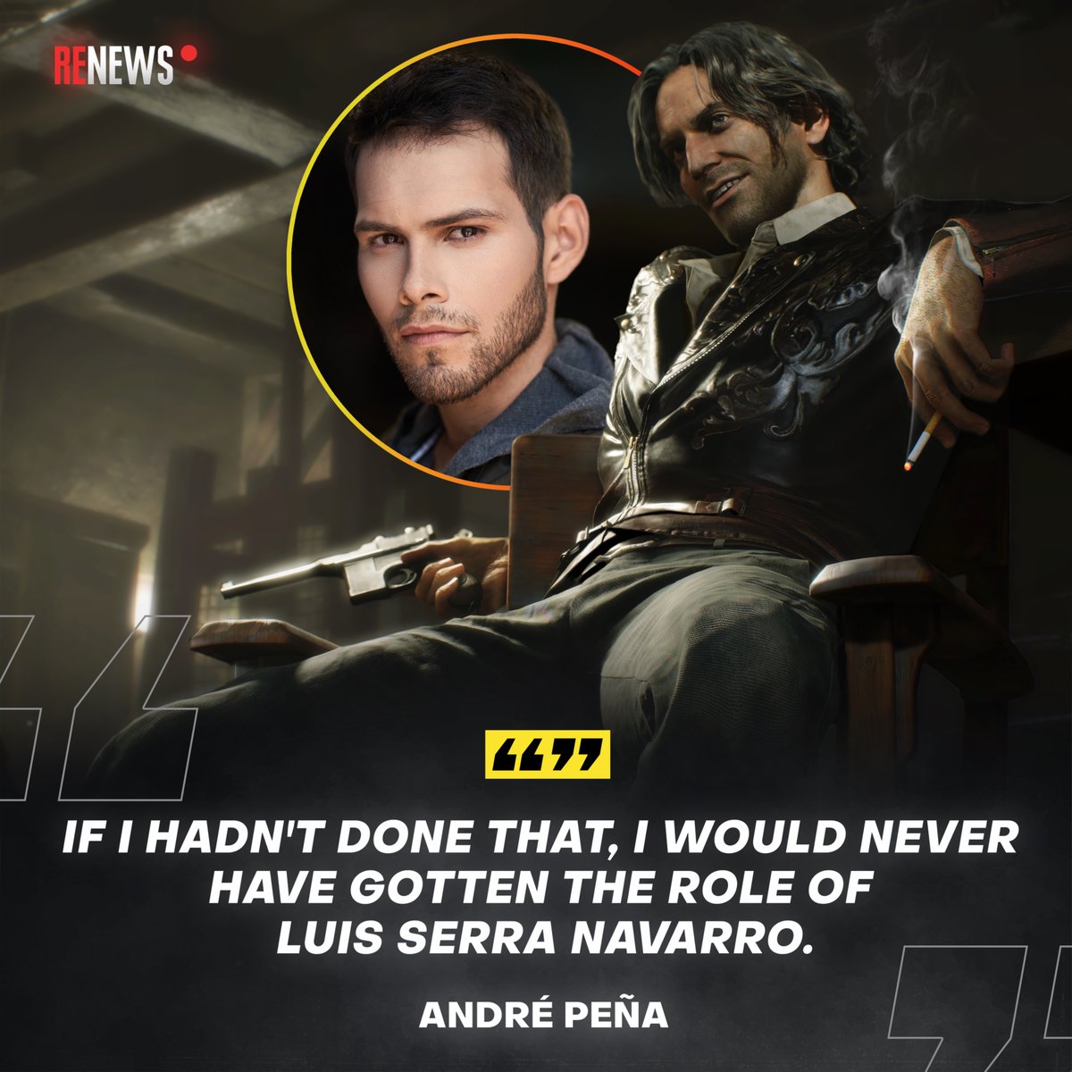 RENews_X's tweet photo. 💔Luis Serra actor André Peña shared why one line from Resident Evil 4 Remake means so much to him.

During a recent podcast Press F to Fear, André spoke openly about his past. He said he struggled with alcohol for years because he could never stop at just one drink. He also smoked for more than a decade. Over time, he realized it was affecting his mental health and even his memory. At one point, things became so difficult that he walked away from acting altogether.

😔He recalled one moment at an Alcoholics Anonymous meeting that changed everything. During the meeting, he introduced himself to an elderly woman and later, after the session ended, they started talking again. When she called him by his name, André realized he had already forgotten hers. He apologized immediately, but she smiled and said:

"Oh sweetie, it's okay. We're all in the same boat in this community. We're all feeling the same thing. We've all gone through it."

😖André said that was the moment everything truly hit him. He realized his alcoholism had become so severe that even his memory was beginning to fail.

"I cried because I was like, Oh my God... I am destroying myself. I am absolutely messing up my future."

He has now been sober for more than ten years and says he's proud of that decision. According to André, without making that change, he would never have become Luis Serra, never would have started a family, and wouldn't be where he is today.

📅Years later, while filming Resident Evil 4 Remake, he found himself connecting with one of Luis' lines in a deeply personal way.

"People can change, right?"

André said that line hit him harder than any other because he had been in that place himself, trying to climb out of one of the darkest moments of his life and wondering if people really could change.

He admitted recording the scene felt "a little too real."

😮‍💨It hits even harder when you know André pitched that scene to the game's director.