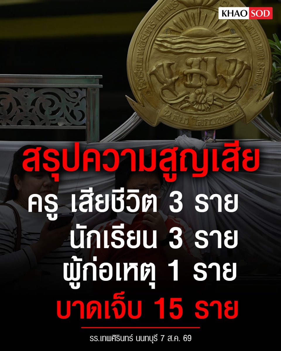 KhaosodOnline's tweet photo. สรุปความสูญเสีย จากเหตุการณ์ ใน รร.เทพศิรินทร์ นนทบุรี 7 ราย  เจ้าหน้าที่อยู่ระหว่าง ตรวจสอบและเก็บหลักฐานเพิ่มเติม
ผู้ปกครองทยอยรับบุตรหลานกลับบ้าน 
#กราดยิง https://t.co/1eCkCmuUq8