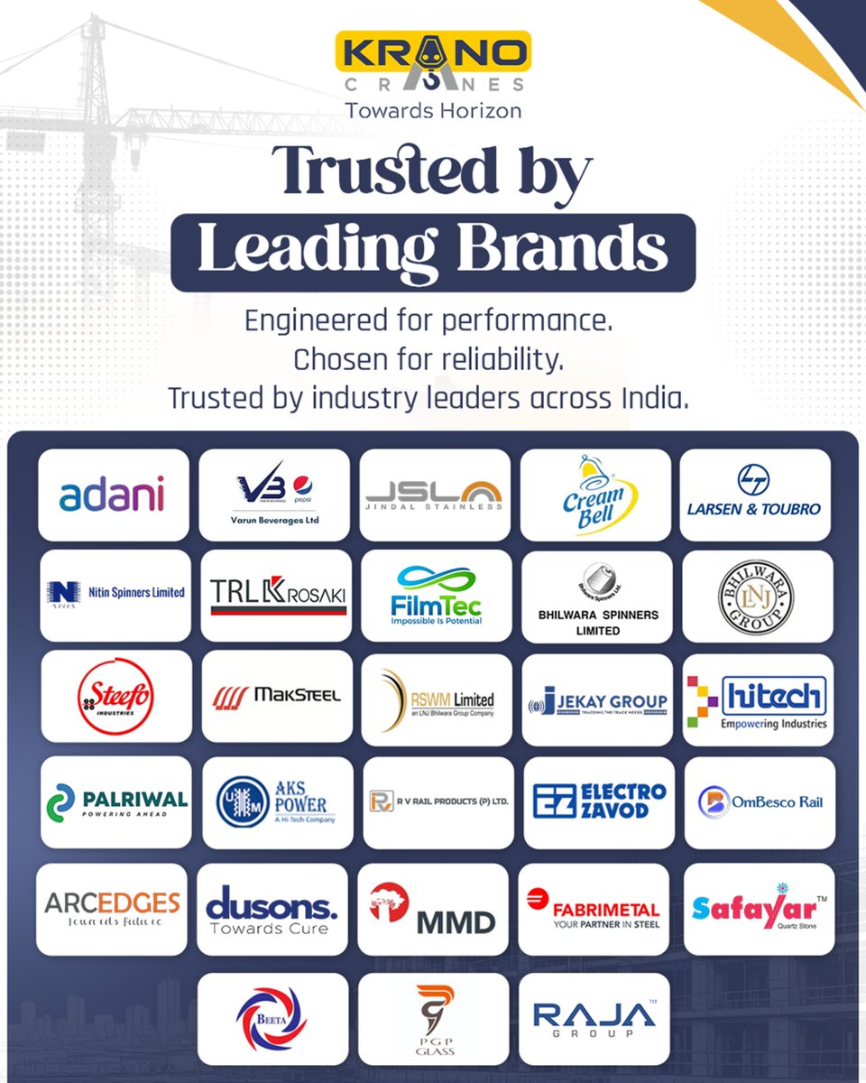 kranocranes's tweet photo. Trust isn't claimed—it's earned.
We're proud to be the preferred lifting partner for leading brands across industries, delivering reliability with every project.
Thank you for your continued trust.
#KranoCranes #TrustedPartner #LeadingBrands #Engineering #Construction https://t.co/Pmrf7kRM0R