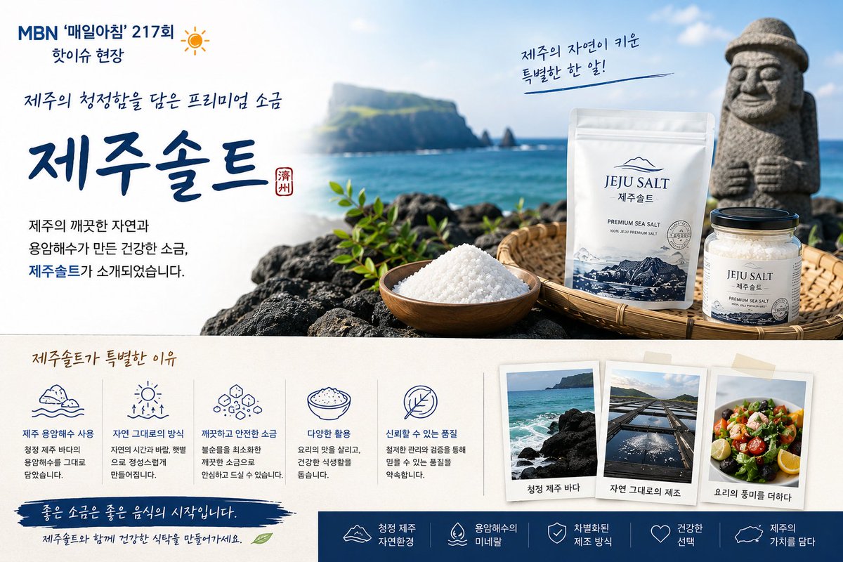 4irtop's tweet photo. MBN '매일아침'이 주목한 제주솔트, 왜 화제가 되고 있을까? 

제주가 가진 특별한 자연환경이 만든 특별한 소금, 

국내를 넘어 세계 시장에서 사랑받는 K-푸드 브랜드로 성장 기대!

제주가 가진 특별한 자연환경이 만든 소금

MBN 매일아침에 소개된 특별한 소금 제주솔트
https://t.co/zymXT9n4Gp https://t.co/sFfjaznbdu
