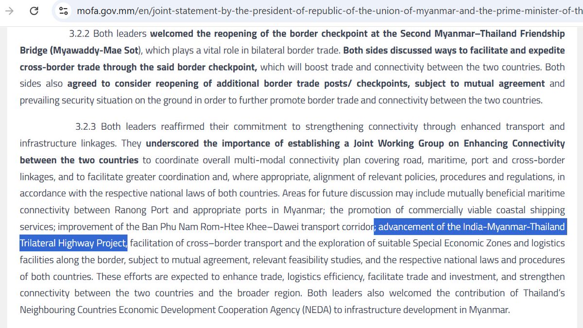 sidhant's tweet photo. Myanmar, Thailand joint statement issued after visit of Myanmar President U Min Aung Hlaing to Bangkok calls for "advancement of India Myanmar Thailand trilateral highway project" https://t.co/qeGXNr3a4W