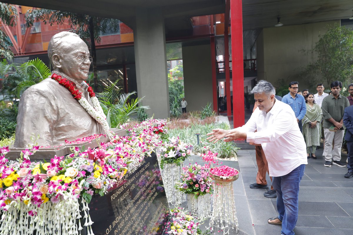 JindalGlobalUNI's tweet photo. On the 96th Birth Anniversary of Shri O.P. Jindal, the JGU community came together to pay heartfelt floral tributes to a visionary industrialist, philanthropist, and nation-builder whose enduring legacy continues to inspire generations.
The Vice Chancellor, Registrar, Deans, faculty members, and staff paid their respects, honouring the remarkable life and values of Shri O.P. Jindal. Established in his memory, #JGU remains committed to advancing his vision of excellence in education, leadership, and nation-building.
@MPNaveenJindal 
#OPJindal