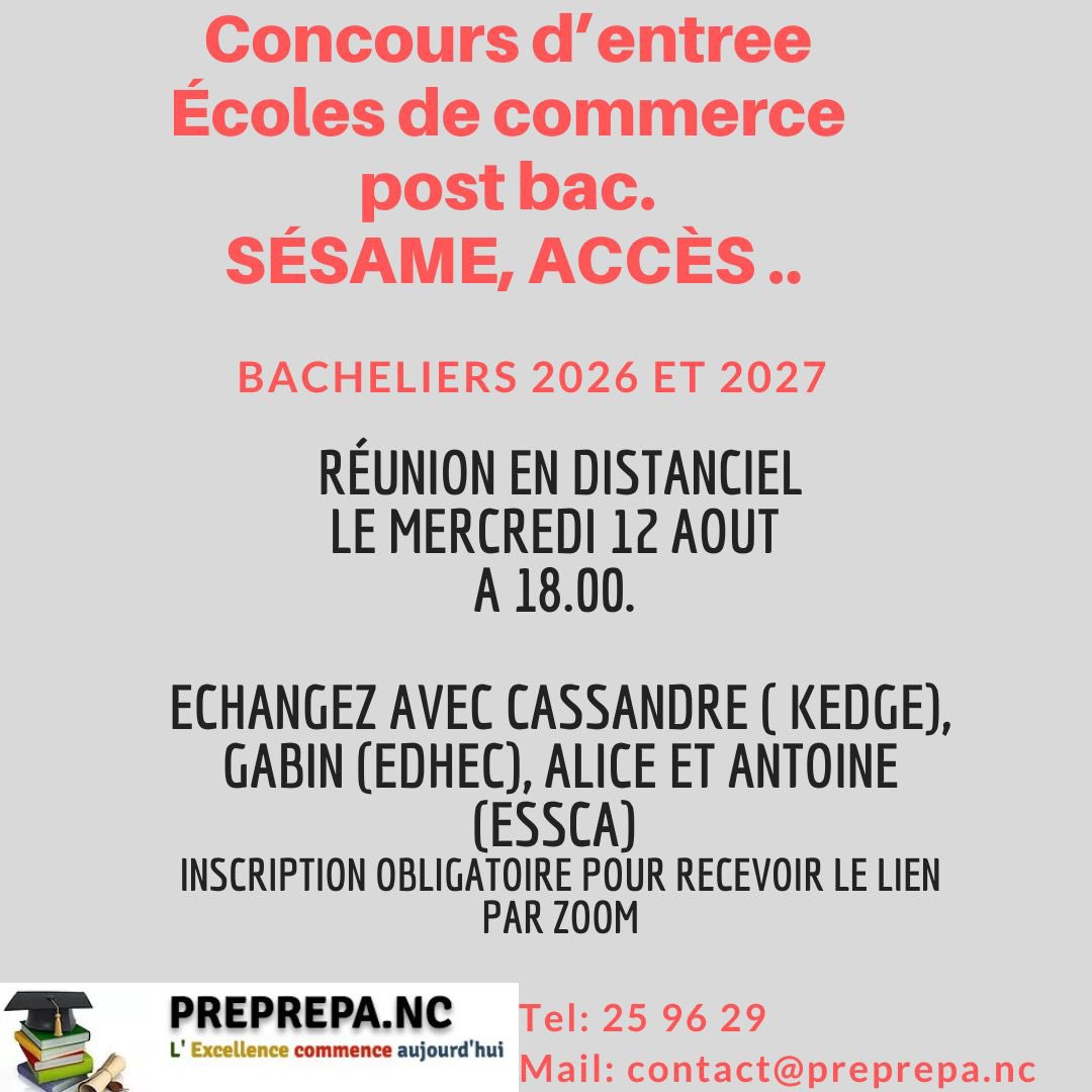 PreprepaNc's tweet photo. 🎓 Vous hésitez entre une CPGE ou une école de commerce post-bac. 
🎓 Vous ne connaissez pas les différences entre les deux. 
🎓 Vous voulez tout simplement vous informer. 
➡️ Inscrivez vous avec https://t.co/vpqjZsFREU afin de pouvoir échanger avec des jeunes calédoniens. https://t.co/rumpcF69NQ