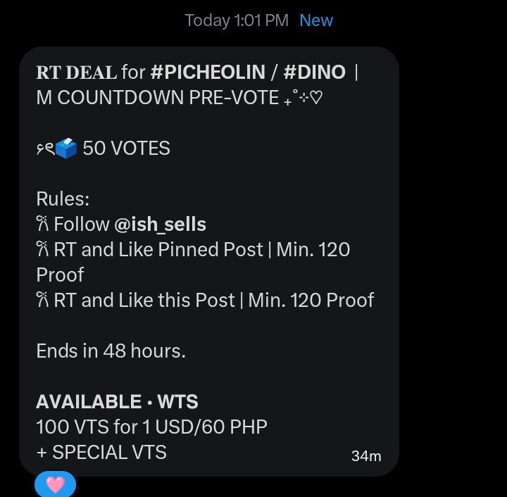 ghelscoups's tweet photo. 𝐑𝐓 𝐃𝐄𝐀𝐋 for #PICHEOLIN |  M COUNTDOWN PRE-VOTE ₊˚⊹♡

۶ৎ🗳 50 VOTES

Rules:
𐙚 Follow @ish_sells
𐙚 RT and Like Pinned Post | Min. 120 Proof
𐙚 RT and Like this Post | Min. 120 Proof

Ends in 48 hours.

𝗔𝗩𝗔𝗜𝗟𝗔𝗕𝗟𝗘 • 𝗪𝗧𝗦
100 VTS for 1 USD/60 PHP 
+ SPECIAL VTS https://t.co/kEsyUH1MFF