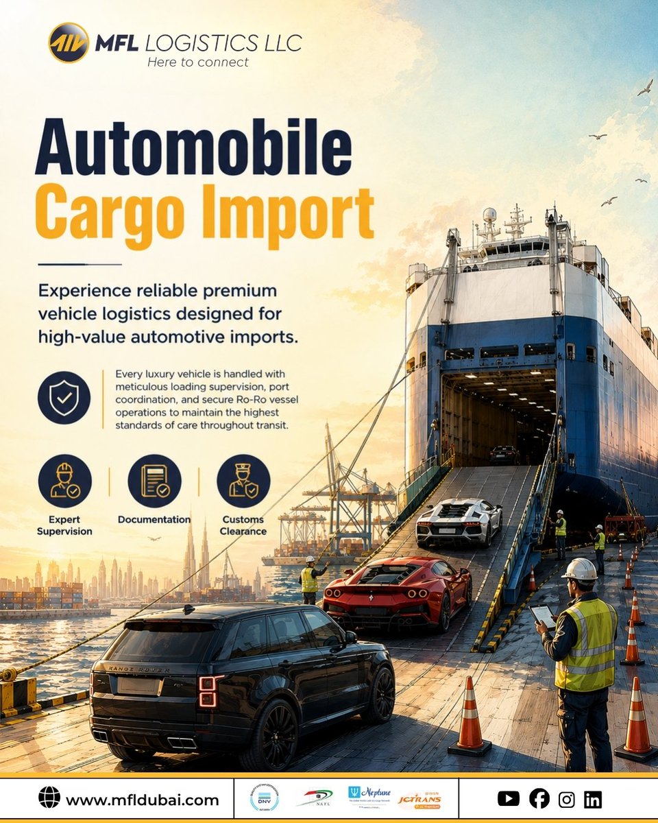 MFLDubai's tweet photo. Our dedicated Ro-Ro sea freight solutions ensure secure loading, professional supervision, and seamless import handling from origin to destination.
#luxurycarimports #carimport #CarExport #RoRoShipping #mfldubai https://t.co/AsMaRE8vDZ