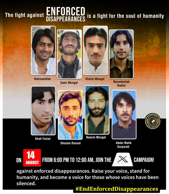MahalBaloch111's tweet photo. According to the organizers, the campaign is scheduled for August 14 and will take place on the X platform during the evening hours.
#Balochistan #EndEnforcedDisappearances https://t.co/RPfq3i5Hvo