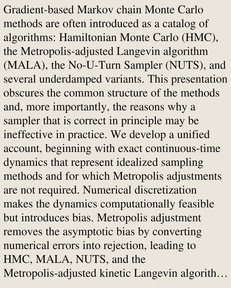 StatisticsCO's tweet photo. From Continuous Dynamics to Practical Gradient-Based Samplers

James Chok
https://t.co/eHZGZGaOsb [𝚜𝚝𝚊𝚝.𝙲𝙾 𝚜𝚝𝚊𝚝.𝙼𝙴] https://t.co/MTgK9sZ71M