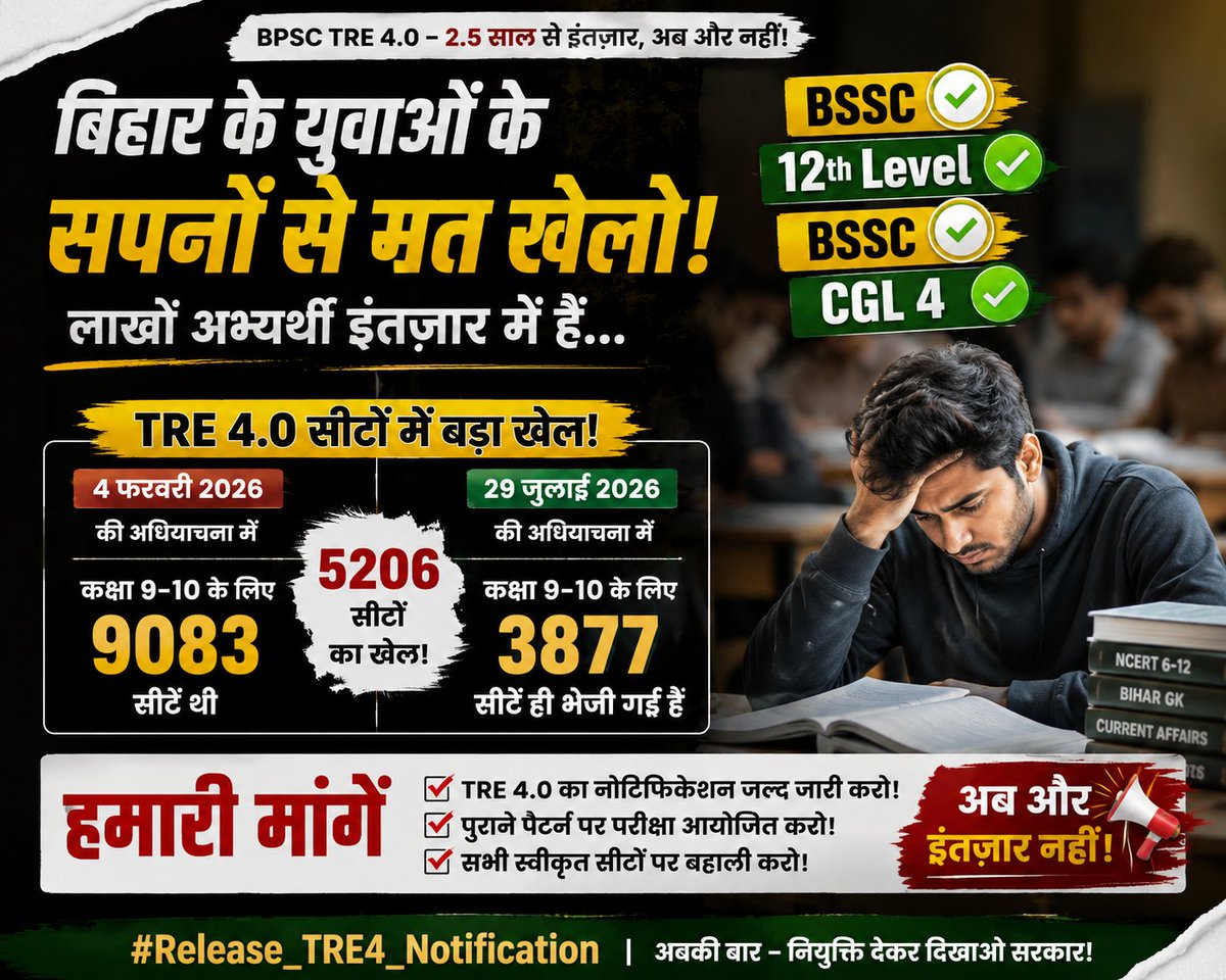 HabibaKhanam08's tweet photo. बिहार में @BJP4Bihar कि सरकार रहते हुवे ना कोई बहाली, ना कोई Exam होगा , इसलिए #TRE4 भी नहीं आयेगा
अगर #TRE4 चाहिए तो @samrat4bjp , @mkrtiwari_bjp , @BPSCOffice चेयरमैन और परीक्षा नियंत्रण
इन सभी का इस्तीफा होगा तभी अब कोई वेकेंसी आएगी वरना कुछ नहीं होने वाला
#BSSC_CGL4
#BSSC_LDC https://t.co/Ulr4iiVVxS