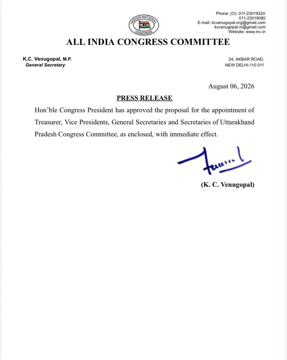 INCIndia's tweet photo. Hon’ble Congress President Shri @kharge has approved the proposal for the appointment of Treasurer, Vice Presidents, General Secretaries and Secretaries of Uttarakhand Pradesh Congress Committee, with immediate effect. https://t.co/9PkOvmb0WH