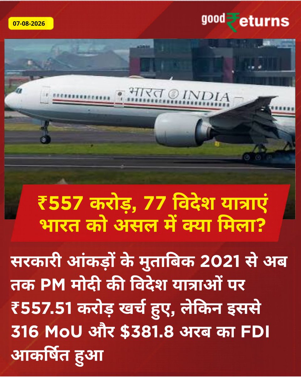 GoodreturnsHi's tweet photo. 5 साल, 77 विदेश यात्राएं, ₹557 करोड़ खर्च — लेकिन बदले में मिला क्या?
#PMModi #ForeignVisits #MEA #FDI #GoodReturns https://t.co/tEvKaffbuq