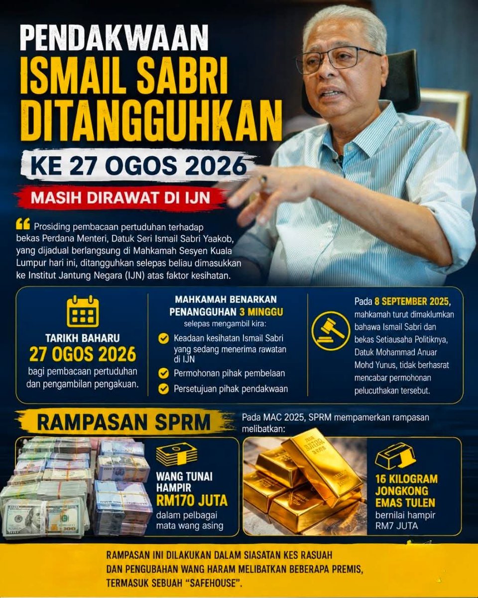 sky_see09's tweet photo. Prosiding pertuduhan Ismail Sabri ditangguhkan ke 27 Ogos 2026 selepas beliau dimasukkan ke IJN untuk menerima rawatan. 

#IsmailSabri #IJN #SPRM #BeritaSemasa https://t.co/8wj6Pi0Ayx