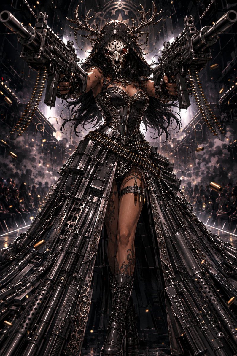 SonicElkOG's tweet photo. last prompt of the night another dress prompt but way different then usual this time so i hope yall like it and stay Blessed 🙏

prompt starts here:

Sure — here’s a polished prompt you can use:

---

# MACHINE-GUN DRESS — 2D ACTION FASHION PROMPT

Create a finished, highly detailed **2D illustration** featuring exactly **one clearly adult model** wearing an extravagant **machine-gun-inspired dress** while **dual wielding a machine gun in each hand** and **pointing both weapons directly at the viewer/camera**.

If using a model reference, **preserve the model’s identity exactly**, including face, hairstyle, hair color, eye color, skin tone, body proportions, species traits, markings, accessories, and overall recognizable design. **Replace only the outfit and add the weapons described below.**

## MACHINE-GUN DRESS DESIGN

Transform the model’s outfit into a dramatic, stylish **machine-gun-themed couture dress**.

The dress should look like a powerful fusion of **high fashion** and **heavy weapon design**, as if a large machine gun has been reimagined into wearable couture.

Include design elements such as:

- gunmetal black and dark silver metallic surfaces
- polished steel and dark chrome armor-like panels
- a fitted bodice inspired by a machine gun receiver
- long barrel-like shapes elegantly integrated into the skirt or train
- decorative ammunition-belt details wrapping around the waist, hips, or torso
- magazine-inspired panels and layered mechanical plating
- cooling vents, rail-like structures, and muzzle-inspired detailing
- trigger-guard-inspired ornamental shapes
- engraved filigree mixed with tactical mechanical details
- a silhouette that still reads clearly as a stylish dress, not just armor

The overall look should be **fashionable, dramatic, dangerous, and visually striking**, balancing **weapon aesthetics** with **runway-level couture**.

## WEAPONS

Have the model **dual wield a machine gun in both hands**.

Each weapon should:

- look large, powerful, and visually impressive
- match the dress design in color and style
- feature sleek metallic construction
- include tactical and mechanical detailing
- appear heavy, imposing, and stylish

## POSE

The model should be in a bold, aggressive, high-impact pose.

Required pose details:

- holding **one machine gun in each hand**
- both guns **aimed directly at the viewer/camera**
- strong forward-facing stance
- shoulders squared toward the viewer
- confident, fierce, intimidating body language
- expression that feels intense, cool, and powerful

The pose should feel like a **fashion-action poster**, combining glamour and firepower.

## ART STYLE

Render the image in a **high-quality 2D art style**.

The artwork should be:

- clean and polished
- highly detailed
- dynamic and stylish
- expressive and visually bold
- similar to a dramatic action-fashion illustration
- rich in linework, shading, and metallic detail

## BACKGROUND

Use a background that enhances the action-fashion mood, such as:

- a dramatic industrial setting
- a stylized runway with weapon-themed design elements
- a smoky battlefield-inspired fashion backdrop
- abstract speed lines, sparks, and metallic effects

The background should support the character without overpowering them.

## OVERALL MOOD

The final image should feel like:

- **high fashion meets heavy firepower**
- glamorous, dangerous, and cinematic
- stylish and intense
- a bold 2D action illustration with a couture edge

---

If you want, I can also make this:

1. **more anime-styled**,
2. **more realistic 2D**, or
3. **more over-the-top haute couture**.

@LadyWasabee
