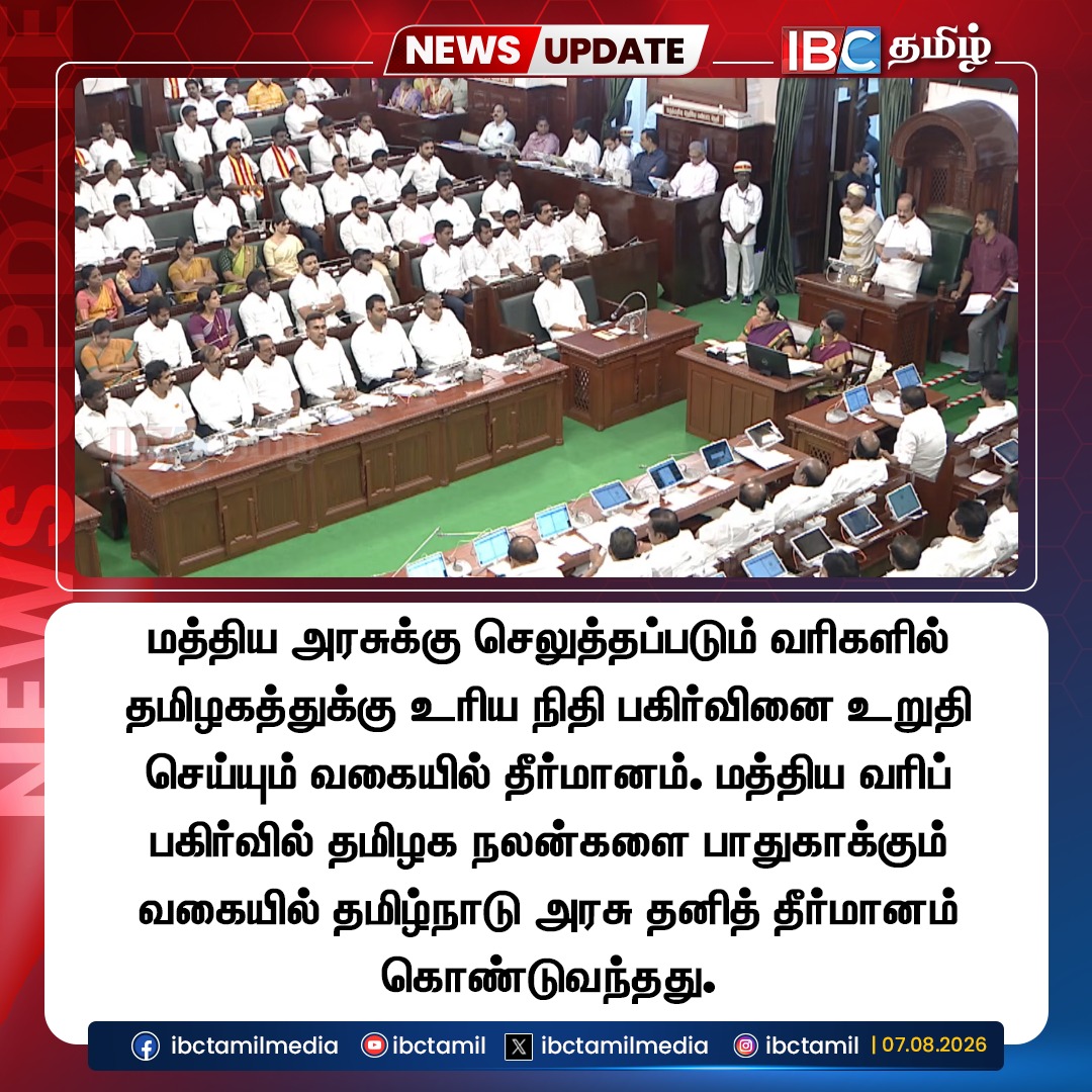 ibctamilmedia's tweet photo. மத்திய அரசுக்கு செலுத்தப்படும் வரிகளில் தமிழகத்துக்கு உரிய நிதி பகிர்வினை உறுதி செய்யும் வகையில் தீர்மானம���. மத்திய வரிப் பகிர்வில் தமிழக நலன்களை பாதுகாக்கும் வகையில் தமிழ்நாடு அரசு தனித் தீர்மானம் கொண்டுவந்தது.
#budget #tnassembly #ibctamil https://t.co/kSMvt7QPf7