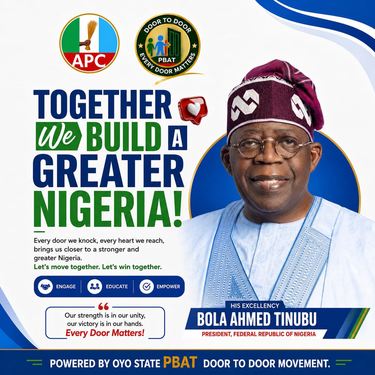PbatD2DOyo's tweet photo. Every door we knock, every heart we reach brings us to a stronger and greater Nigeria.

#pbatdoortodoor 
#PBAT2027 https://t.co/9P3XdR6HI2