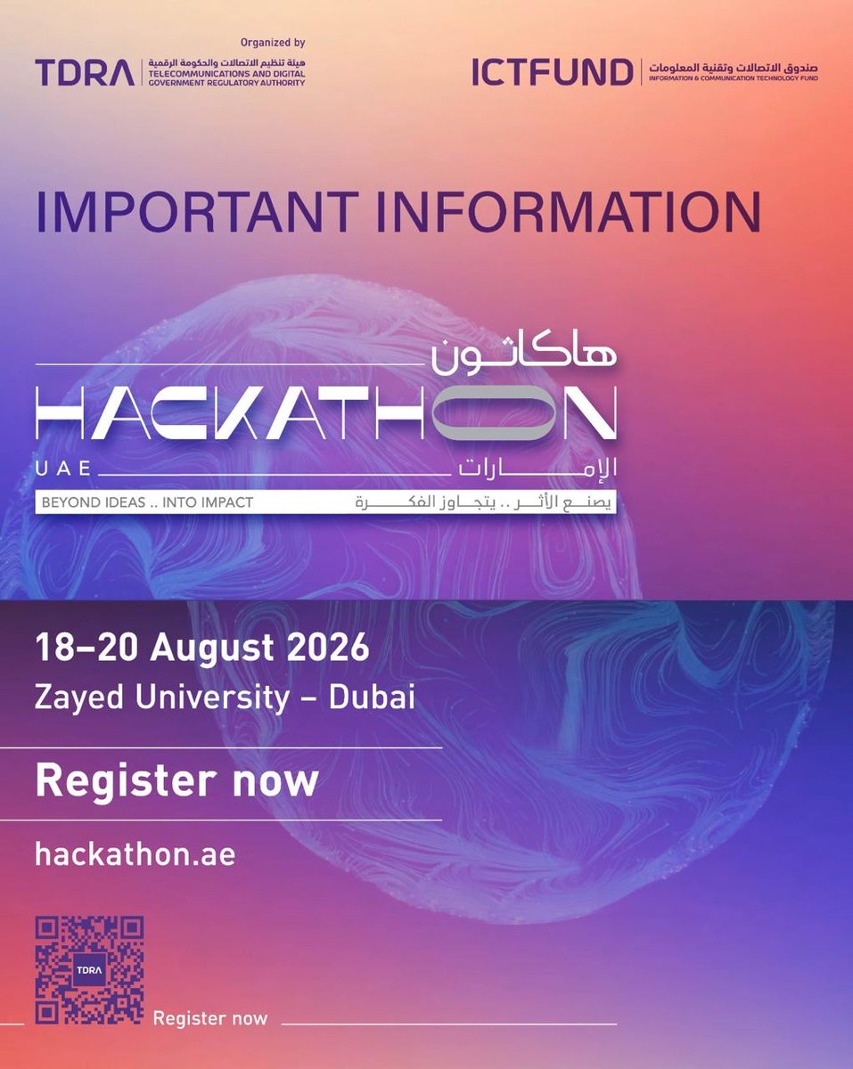 tdrauae's tweet photo. Got an idea that can make a difference? 
 
Join UAE Hackathon 2026 and help develop innovative solutions to real government challenges alongside leading experts and innovation partners.
 
Register now: https://t.co/f1cI7HXSm6 
#UAEHackathon #Innovation #ArtificialIntelligence #GovernmentInnovation