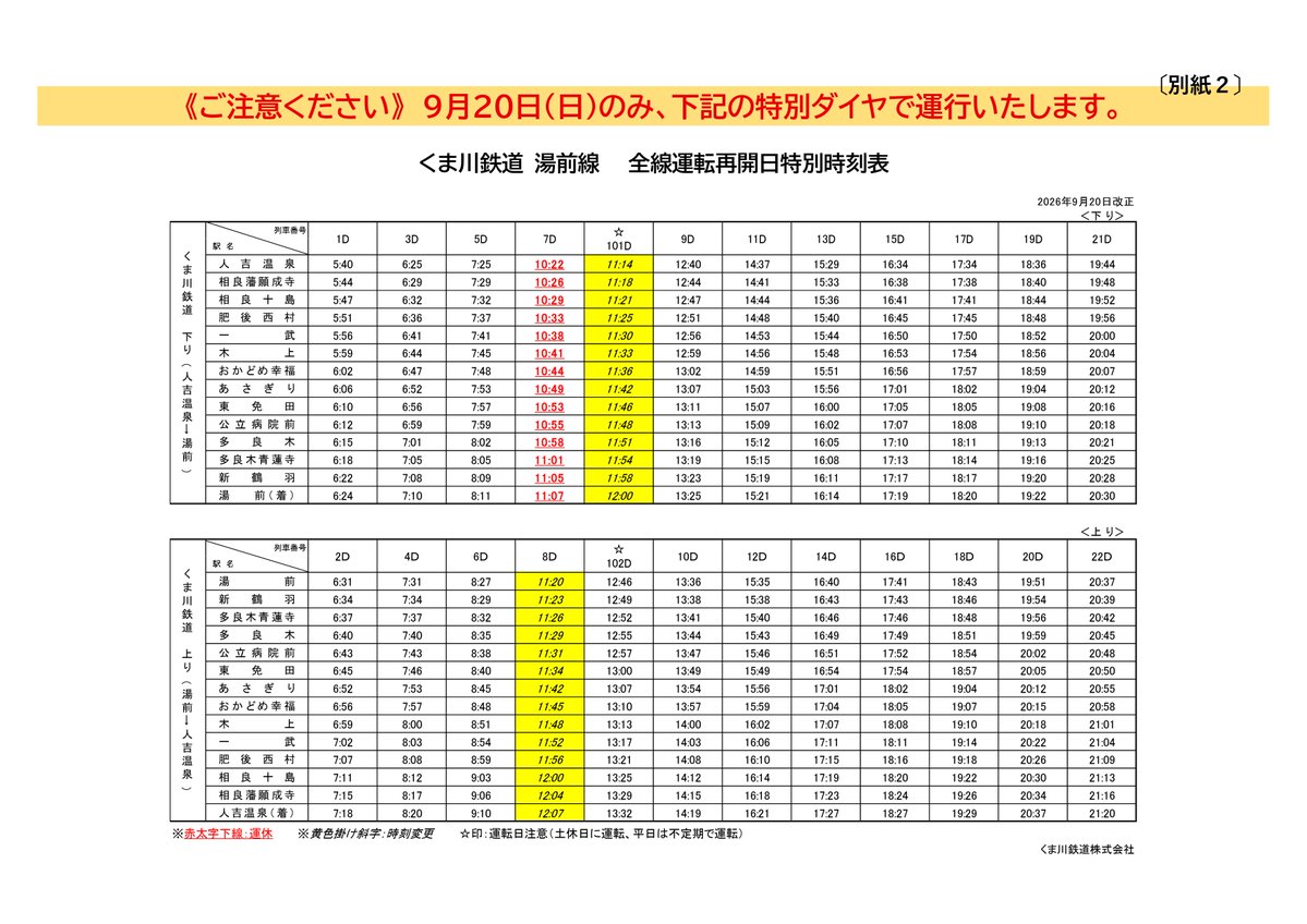 kumatetu_rail's tweet photo. 令和2年7月豪雨により被災し、長期にわたり運休しておりましたが、9月20日より全線で運行を再開することとなりました。

つきましては、運転時刻について詳細が決まりましたのでお知らせいたします。

＃くま川鉄道　＃9月20日運行ダイヤ https://t.co/cPp7S17ihR
