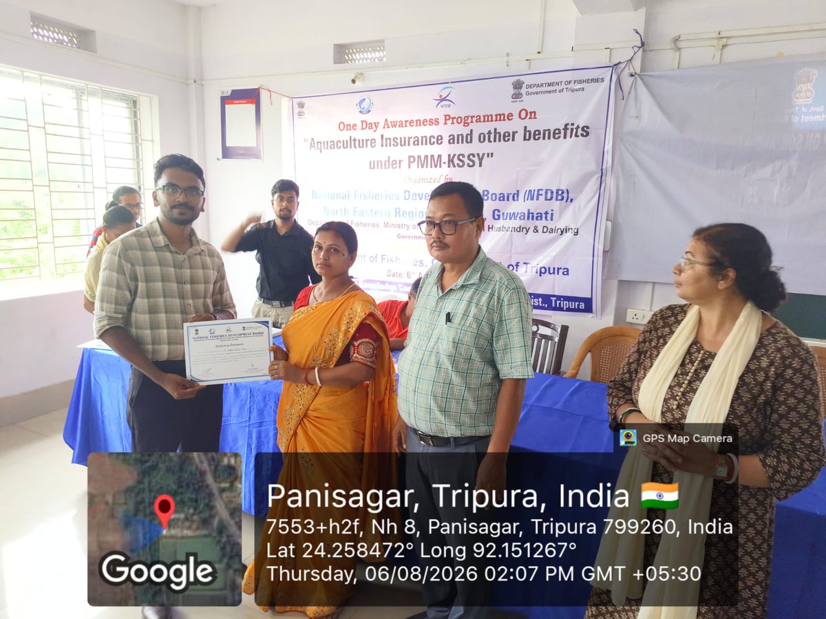 nfdb_india's tweet photo. 🐟 NFDB–NERC, Guwahati organized a One-Day Awareness Programme on Aquaculture Insurance & Other Benefits under PMMKSSY on 6 August 2026 at Pisciculture Knowledge Centre, Panisagar, North Tripura, in collaboration with the Department of Fisheries, Panisagar Subdivision, North Tripura district, Tripura.

✨ Highlights:
🔹 Graced by Shri Dhananjoy Debnath, Vice Chairperson, Panisagar Nagar Panchayat; Shri Laxmi Kanta Das, President, Agri Standing Committee, Panisagar Panchayat Samiti; Shri Animesh Chakma, Deputy Director of Fisheries, North Tripura; Smt. Ankana Dey, Shri Kamal Hossain and Shri Soumen Shil, Superintendents of Fisheries.
🔹 Shri Sharath S. P., Executive Assistant, NFDB–NERC, delivered a technical session on PMMKSSY benefits and NFDP Registration.
🔹 The AIC team explained aquaculture insurance, risk management and claim procedures, while Fisheries Department officials shared scientific aquaculture practices.
🔹 Attended by 50+ fish farmers and stakeholders.

🌊 Promoting aquaculture insurance and enhancing farmers' resilience for sustainable fisheries development.

#NFDB #PMMKSSY #AquacultureInsurance #FishFarmers #BlueEconomy #SustainableAquaculture #Tripura #Fisheries #PMMSY #ViksitBharat