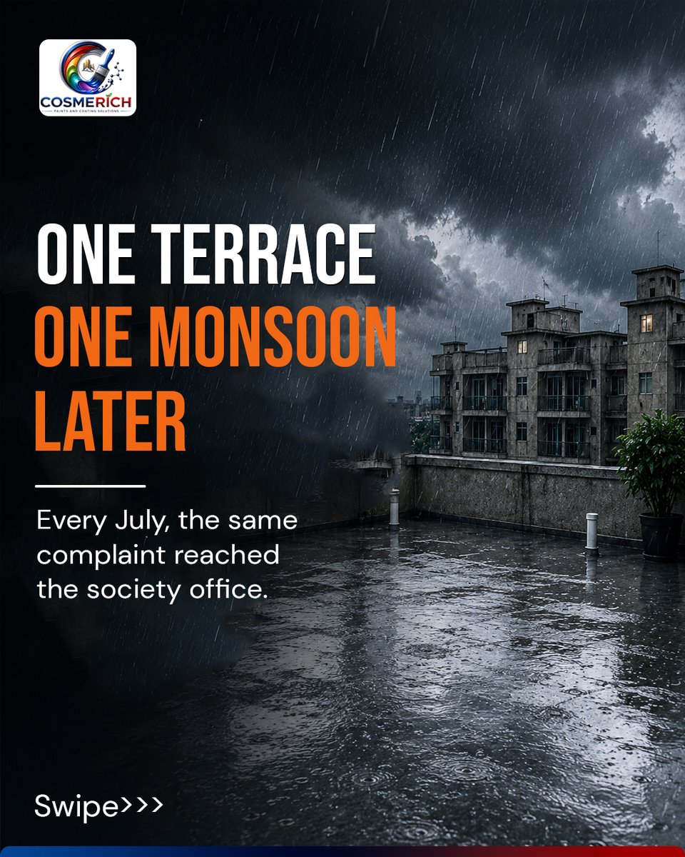 CosmerichSoln's tweet photo. Every monsoon, leaks kept returning. The problem wasn't the rain it was an incomplete waterproofing system.
With proper surface preparation and Cosmerich Strong Coat, the terrace is now built to withstand the monsoon.
#Cosmerich #StrongCoat #Waterproofing #MonsoonReady https://t.co/PpJrawKMPz