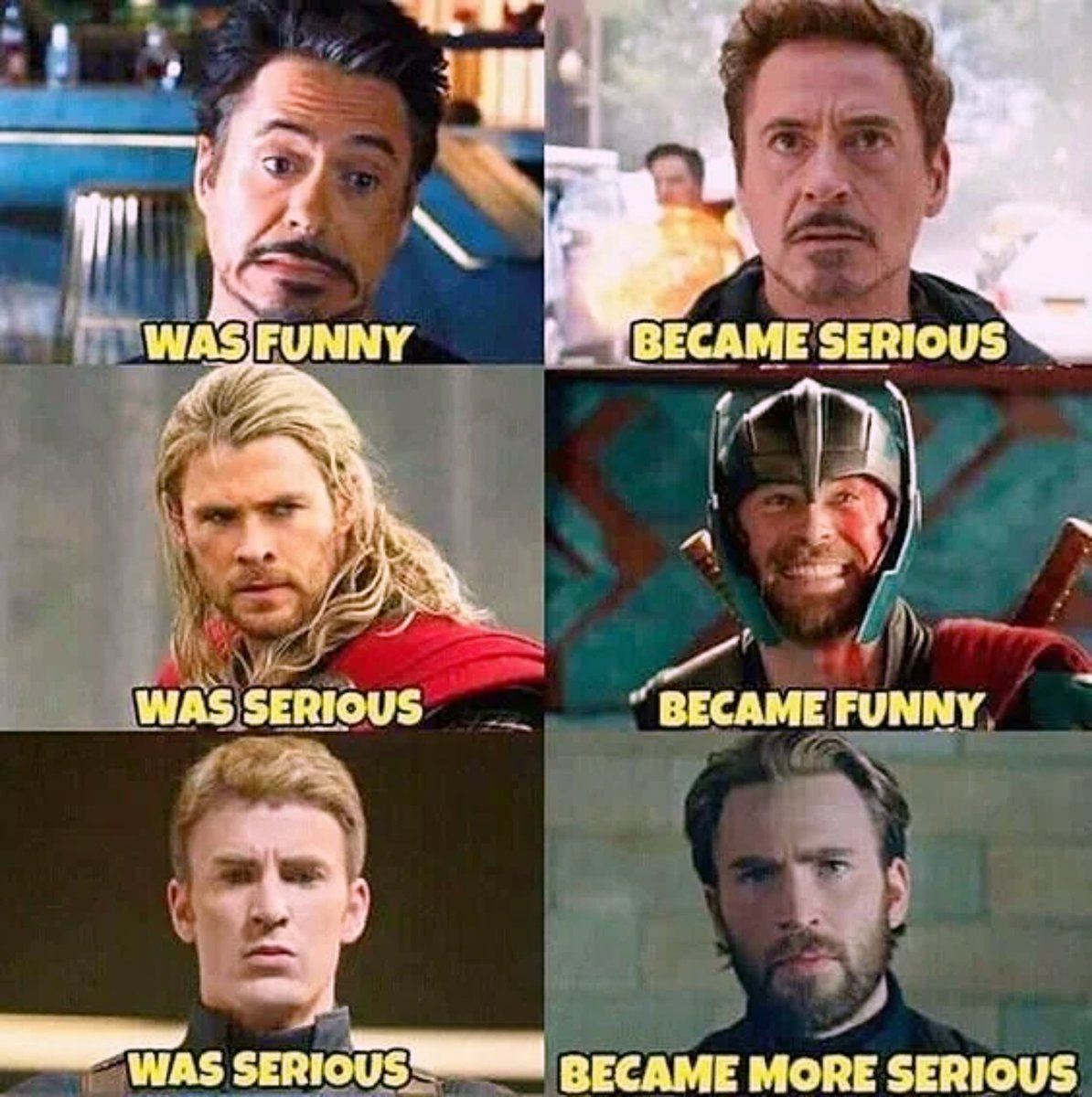 iam_larrykhing's tweet photo. Behaviour Evolution of Iron Man, Thor  &amp; Captain America 🇺🇸. At what point do you notice this too ? https://t.co/heDFWhihkW