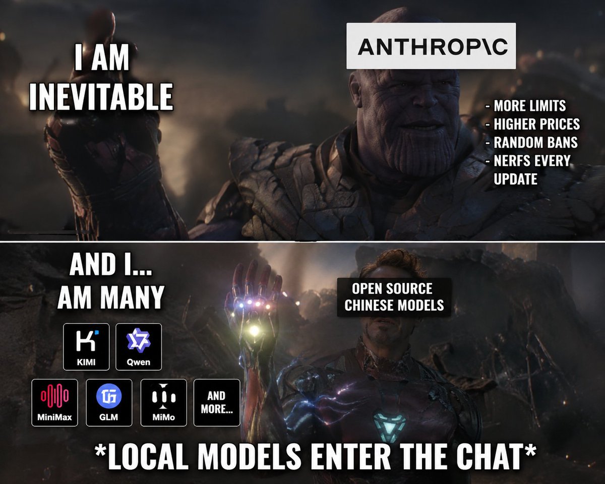 Sacredcorey's tweet photo. Anthropic really speedran the full tech-company lifecycle:

Release insanely good models
Everyone falls in love
Charge $100–$200/month
Add limits to the limits
Nerf things nobody asked to be nerfed
Randomly ban a few customers for flavour
Watch everyone discover Chinese models exist

Claude used to feel like having a cracked senior engineer living in your terminal.

Now it feels like hiring a brilliant consultant who works for 14 minutes, says “you’ve reached your usage limit,” and disappears until Thursday.

Meanwhile MiniMax, Kimi, Qwen, GLM and MiMo are standing outside like:

“soooo… you guys need a coder?”

Competition is about to get extremely funny.

#Claude #Anthropic #AI #AICoding #Kimi #MiniMax #Qwen #GLM #MiMo