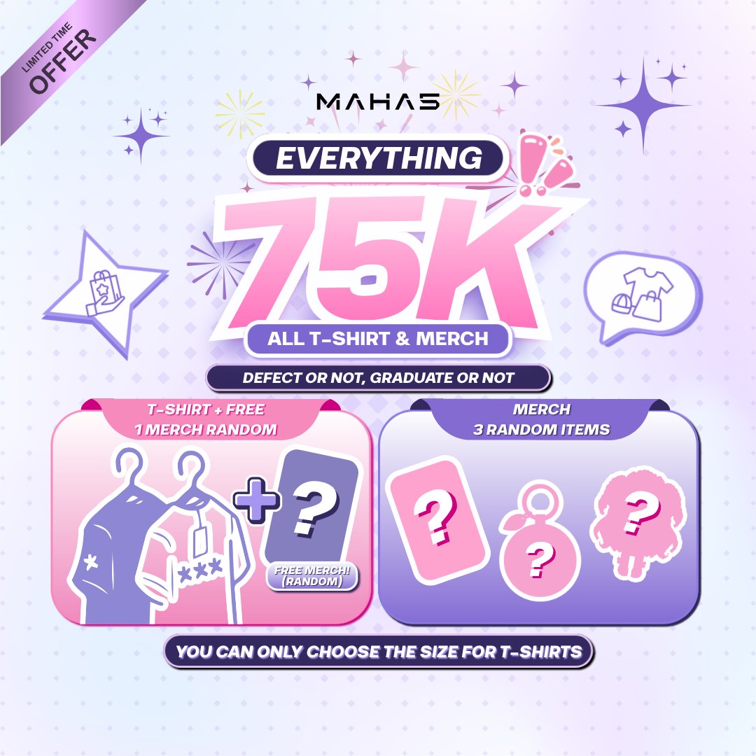 maha5official's tweet photo. Last chance... MAHAmin info sebelum toko tutup selamanya😭💔

🚨 MAHA5 EVERYTHING 75K SALE! 🚨

Paket T-Shirt &amp; Paket 3 Merch Random bisa kamu sikat cuma Rp75.000 aja! 💥

Stok terbatas! Cek terms &amp; conditions di gambar slide berikutnya ya! https://t.co/UzB6l9QBxj