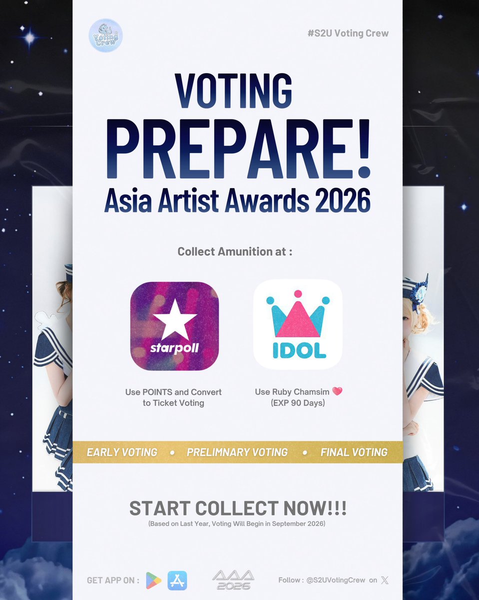 S2UVotingCrew's tweet photo. 📢 VOTING PREPARE — ASIA ARTIST AWARDS 2026! 🏆

Hearts2Hearts has been included in the lineup and will be attending AAA 2026!

S2U (하츄), it's time to start preparing our voting ammunition!

⭐ StarPoll: Collect POINTS and convert them into Ticket Voting
❤️ IDOLCHAMP: Collect Ruby Chamsim (EXP 90 days)

Based on last year's schedule, voting is expected to begin in September 2026. Let's start collecting from now so we have enough ammunition when voting begins!

START COLLECTING NOW!!! 🔥

Every point and every Ruby counts. Let's do our best to support Hearts2Hearts!
#Hearts2Hearts #하츠투하츠 #H2H