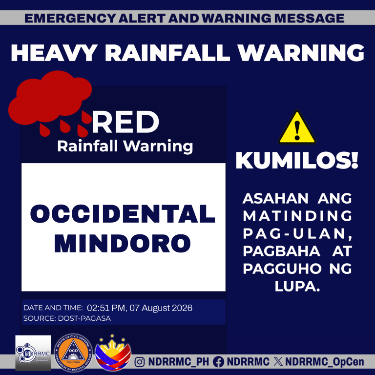 NDRRMC_OpCen's tweet photo. Maging alerto, lalawigan nng #OccidentalMidoro!
NDRRMC(2:15PM,07Aug26)Red Rainfall Warning sa Occidental Mindoro. Asahan ang matinding pag-ulan, pagbaha at pagguho ng lupa.
#NDRRMC
#BawatSegundoMahalaga
#MaymayPH https://t.co/2xXHNdvXnG