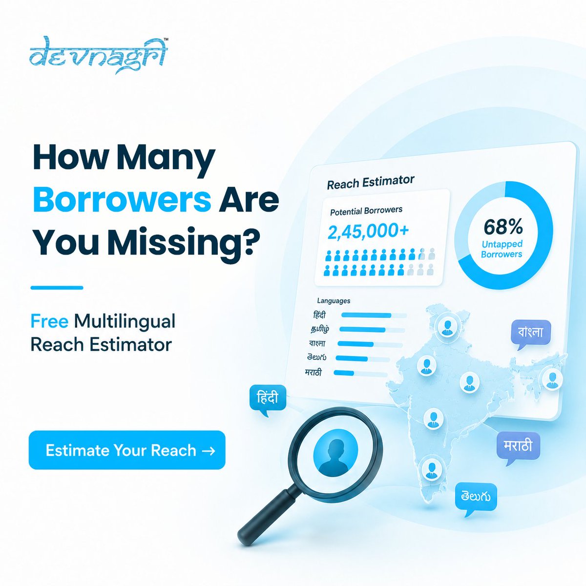 Devnagri_AI's tweet photo. How many #borrowers are you not reaching in your service #cities?  

#Language #gaps are often the reason, and most teams don't have a number for it.

Estimate My #Reach: https://t.co/4GCgkKuTa5 https://t.co/qwrgsT7iph