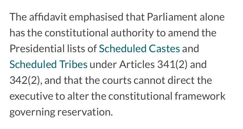 Crystal_x_Clear's tweet photo. When petetioners plead before the court to make amends to reservation framework, the govt will boastly declare that it is the Parliament which has power to create list of SC/ST and courts cannot direct executives to change it.

But the same govt, bound by its own laws, has not notified the Central list of OBC for past 8 years since the grant of constitutional status to NCBC.

The executive will not do the desired constitutional duty on account of political consideration, and thats why its always the Judiciary that has to pitch in.

Had Indian judiciary not acted as a bulwark and custodian of Indian constitution, politicians would have made a mess of reservation tamasha for votes.