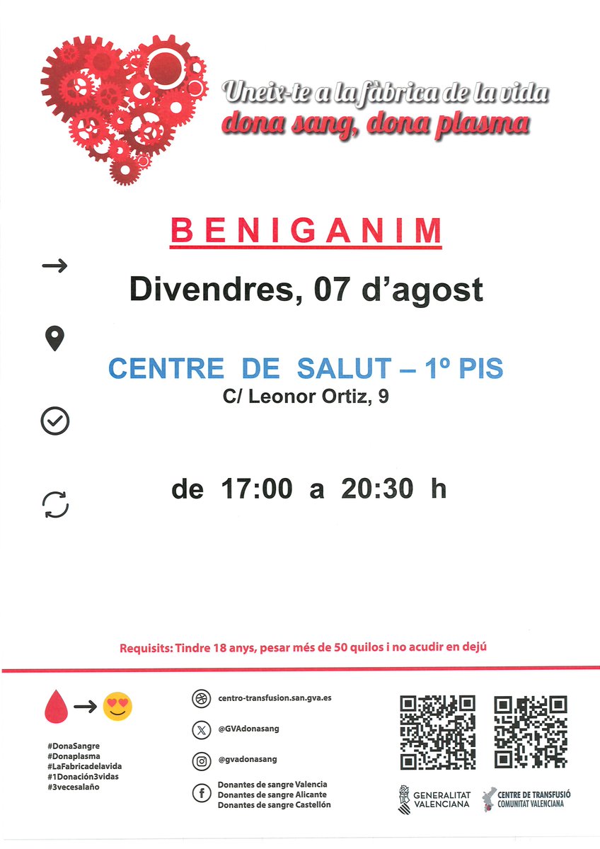 GVAdonasang's tweet photo. Dona sang a #Beniganim
📅divendres #7agost
Els components sanguinis no es poden fabricar, la donació altruista és l'única manera d'obtindre'ls.
👉T'esperem si ja han transcorregut 2 mesos des de la teua última donació.
#ComparteixVida🩸 https://t.co/UmUiNPPBMe