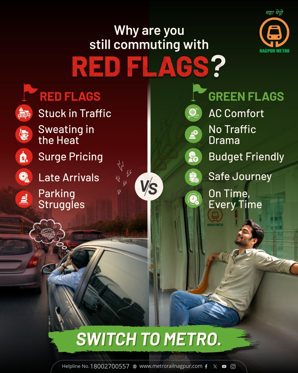 MetroRailNagpur's tweet photo. Choose the Green Flag.
Leave the Red Flags behind. 🚇💚
#TravelSmart #TravelSafe #NagpurMetro #BestPublicTransport #ChalaMaziMetroNe #HappyMetroRide https://t.co/6cfRZAwA0p