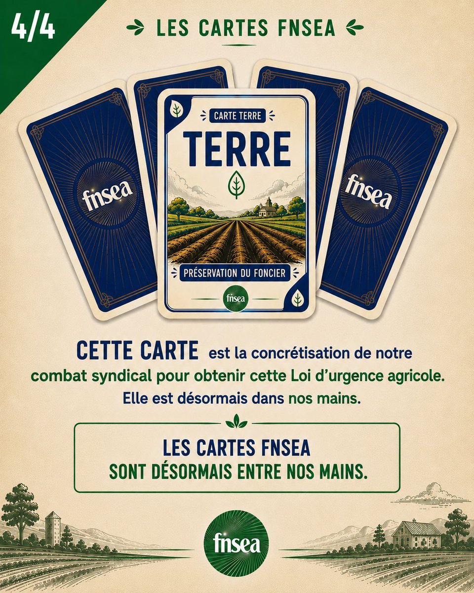 FNSEA's tweet photo. Bonne nouvelle ! Grâce à la loi d'urgence agricole obtenue par la FNSEA, nous avons désormais de nouvelles cartes en main pour répondre concrètement aux urgences sur nos exploitations. À vous de les découvrir, aujourd'hui, la carte « TERRE » ! https://t.co/RGgwaicrQ8