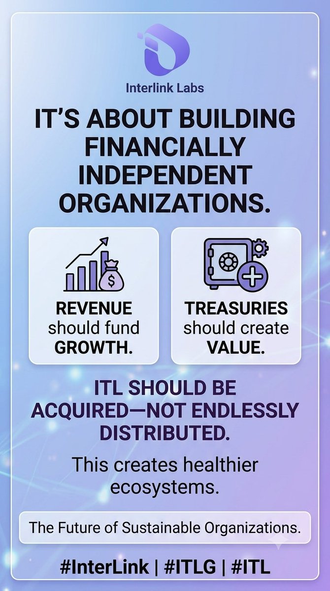 Askandindia's tweet photo. Bigger than tokenomics.
It's about building financially independent organizations.
Revenue should fund growth. Treasuries should create value. ITL should be acquired—not endlessly distributed.
This creates healthier ecosystems.

#InterLink #ITLG #ITL https://t.co/yjZUciFPPY