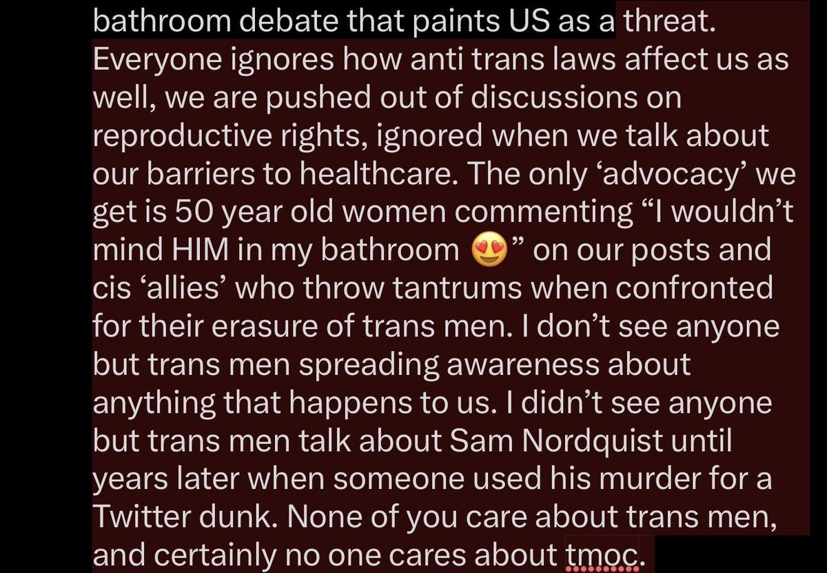 mmsleeby's tweet photo. @sealcells The posts in question usually having like 2 likes. If you think there’s some widespread acceptance of trans men you could not be any wronger lol. Almost no one advocates for us but ourselves. The only time we are mentioned is as a gotcha in the bathroom debate that paints US as- https://t.co/DTRMn25z09