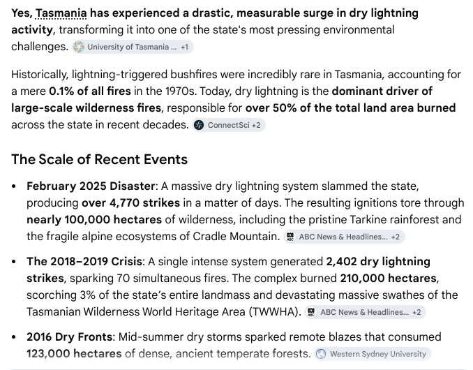 ecobard's tweet photo. Tasmania, Australia - Dry Lightning. #auspol #politas #vicpol #NSWpol #Qldpol #NTpol #WApol (who decided there'd be an illogical #pol?)
It happens because a thunderstorm has moisture high up to create clouds and lightning, but the air near the ground is very dry. Rain does form and fall from the cloud base, but it evaporates in the mid-air before hitting the ground, a phenomenon known as virga.