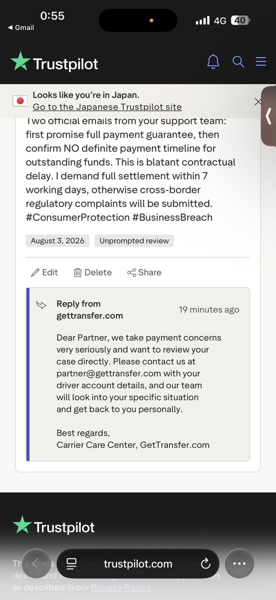 Gettransferbad's tweet photo. @GetTransfercom Please pay me; this is an unscrupulous company that refuses to pay its drivers. https://t.co/TyixhIMaol