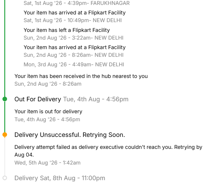 sranjan_07's tweet photo. Pathetic service @Flipkart My order reached nearest hub on 2Aug &amp; went out for delivery on 4Aug. No delivery executive called or visited my address,yet status was updated at 1:42 AM as"Delivery Unsuccessful –couldn't reach you. Its unacceptable. Please resolve urgently.#Flipkart https://t.co/Jxr6Occ9KN