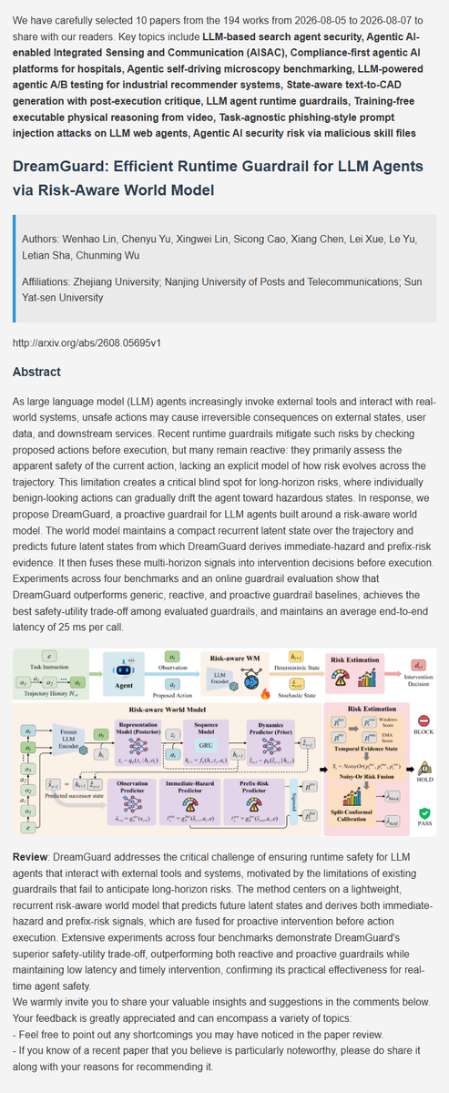 BayCoralee26992's tweet photo. Agent latest research progress | 7. DreamGuard: Efficient Runtime Guardrail for LLM Agents via Risk-Aware World Model
#AI #DeepLearning #ArtificialInteligence #Datascience #Research #agents #LLMs https://t.co/WwoX18ovxA
